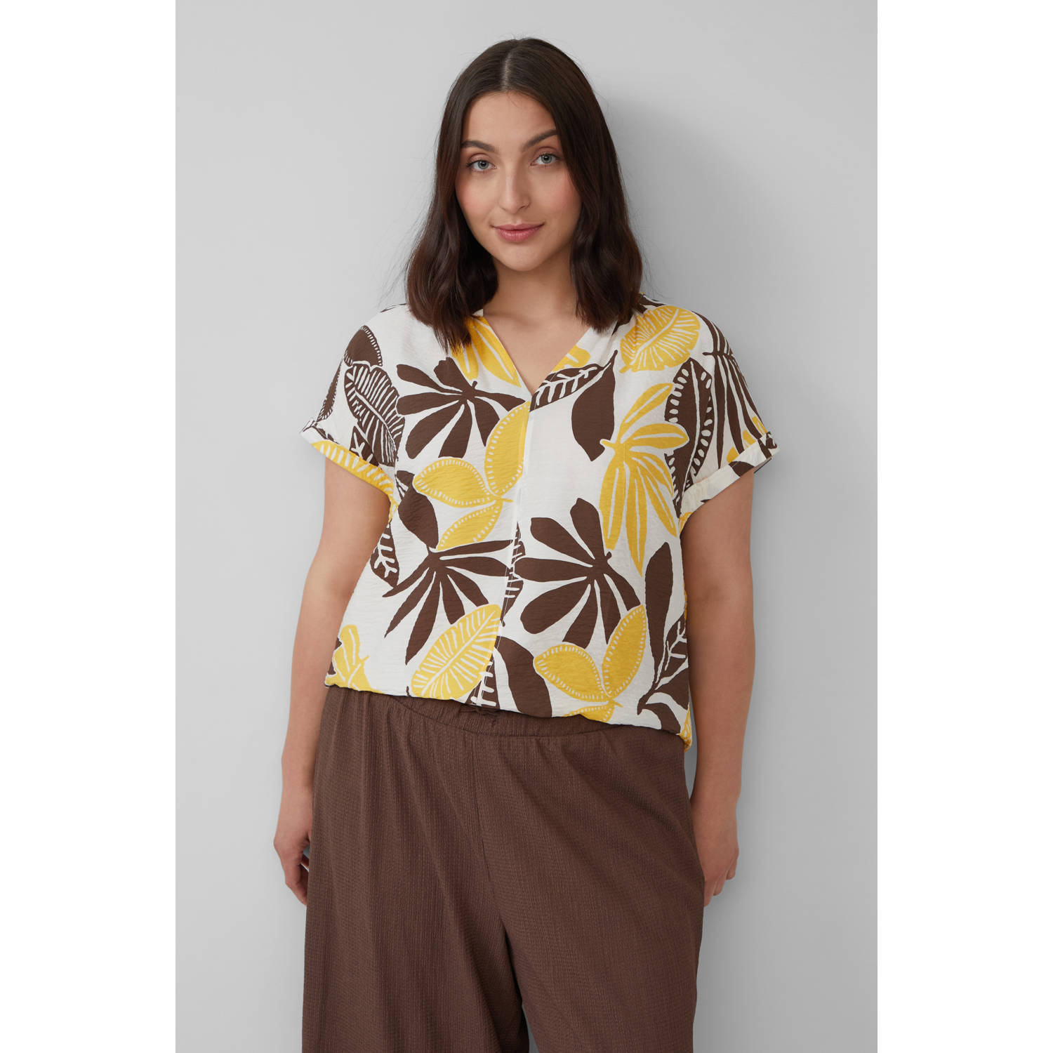 S.Oliver Curve top wit bruin met bladprint