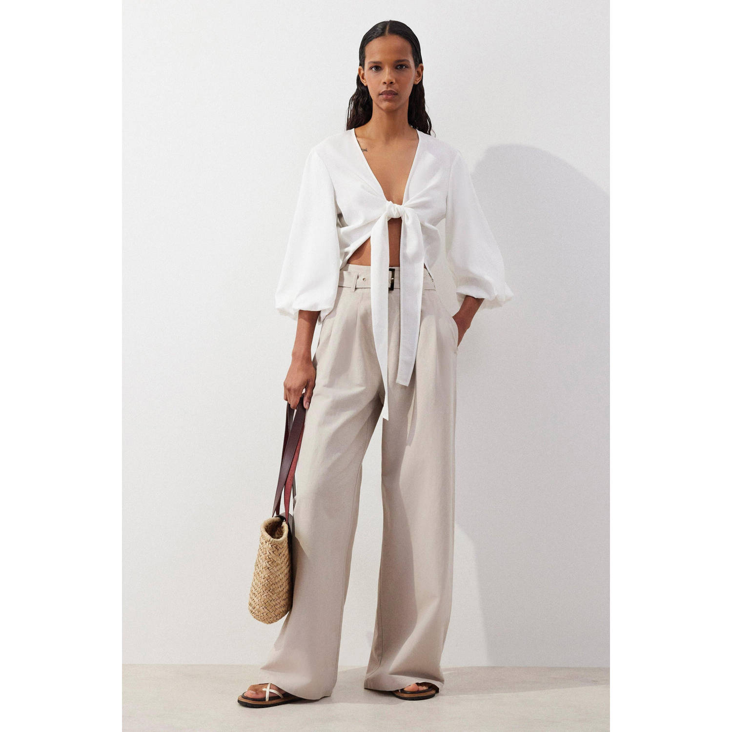 comma linnen high waist casual broek ecru