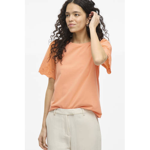 VILA T-shirt oranje broderie afbeelding