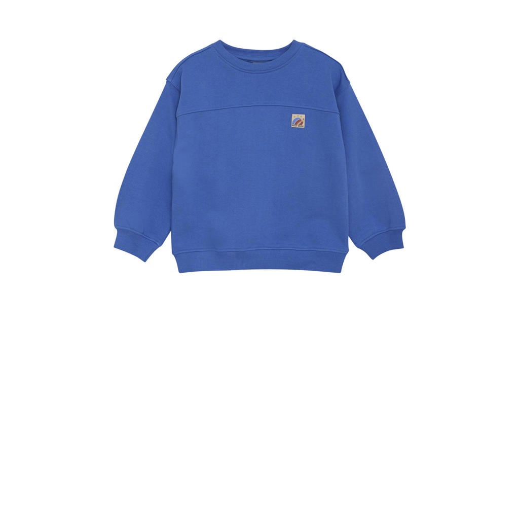 Blauwe jongens Daily7 sweater van stretchkatoen met backprint, lange mouwen, ronde hals en geribde boorden