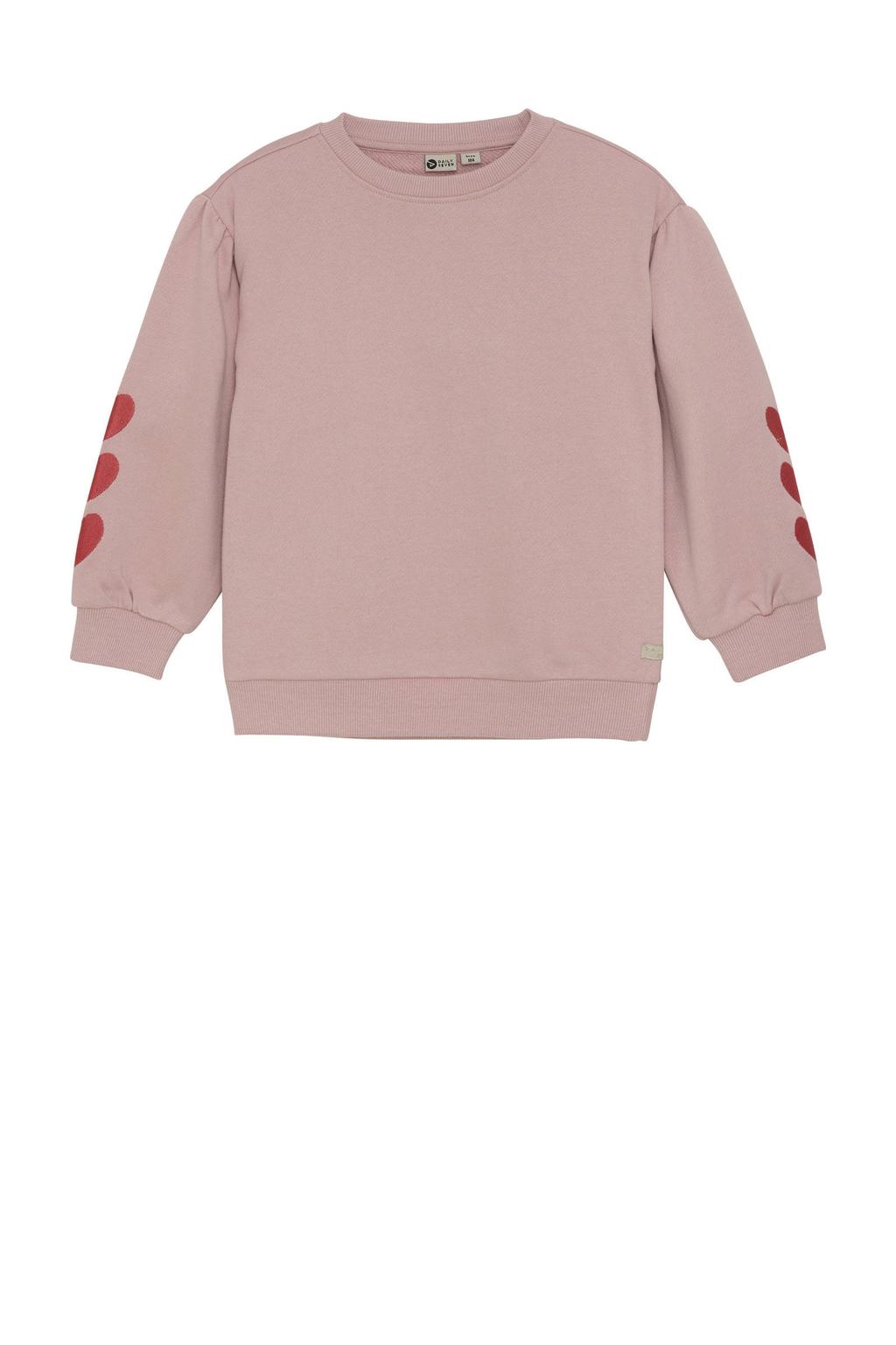 Oudroze meisjes Daily7 sweater van katoen met hartjesprint, lange mouwen, ronde hals, knoopsluiting en geribde boorden