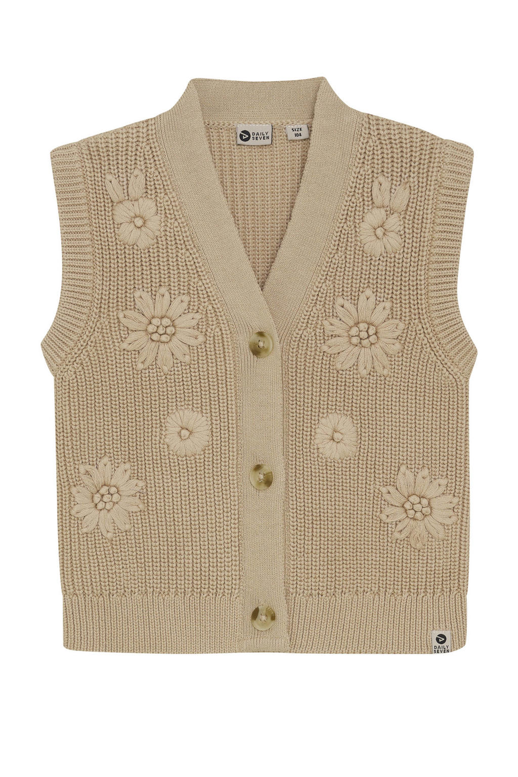 Lichtbruine meisjes Daily7 gebloemde gilet gebreid van katoen met V-hals en knoopsluiting