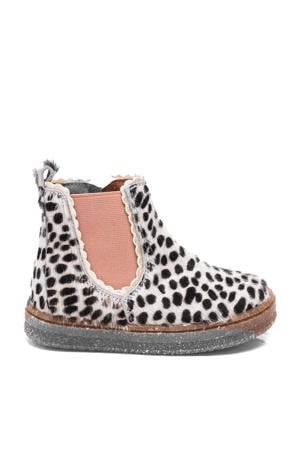 Siggi leren enkelboots met ponyhair wit/zwart/roze