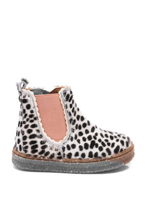 Siggi leren enkelboots met ponyhair wit/zwart/roze