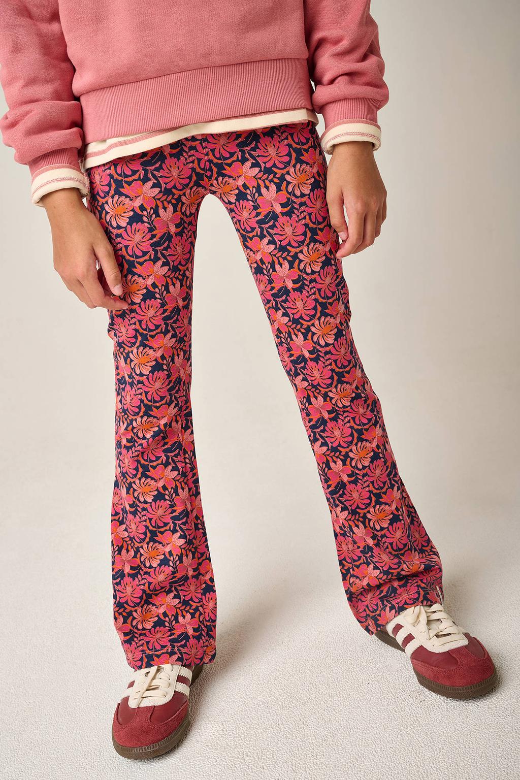 Roze meisjes Tumble 'n Dry flared gebloemde casual broek met regular waist en elastische tailleband