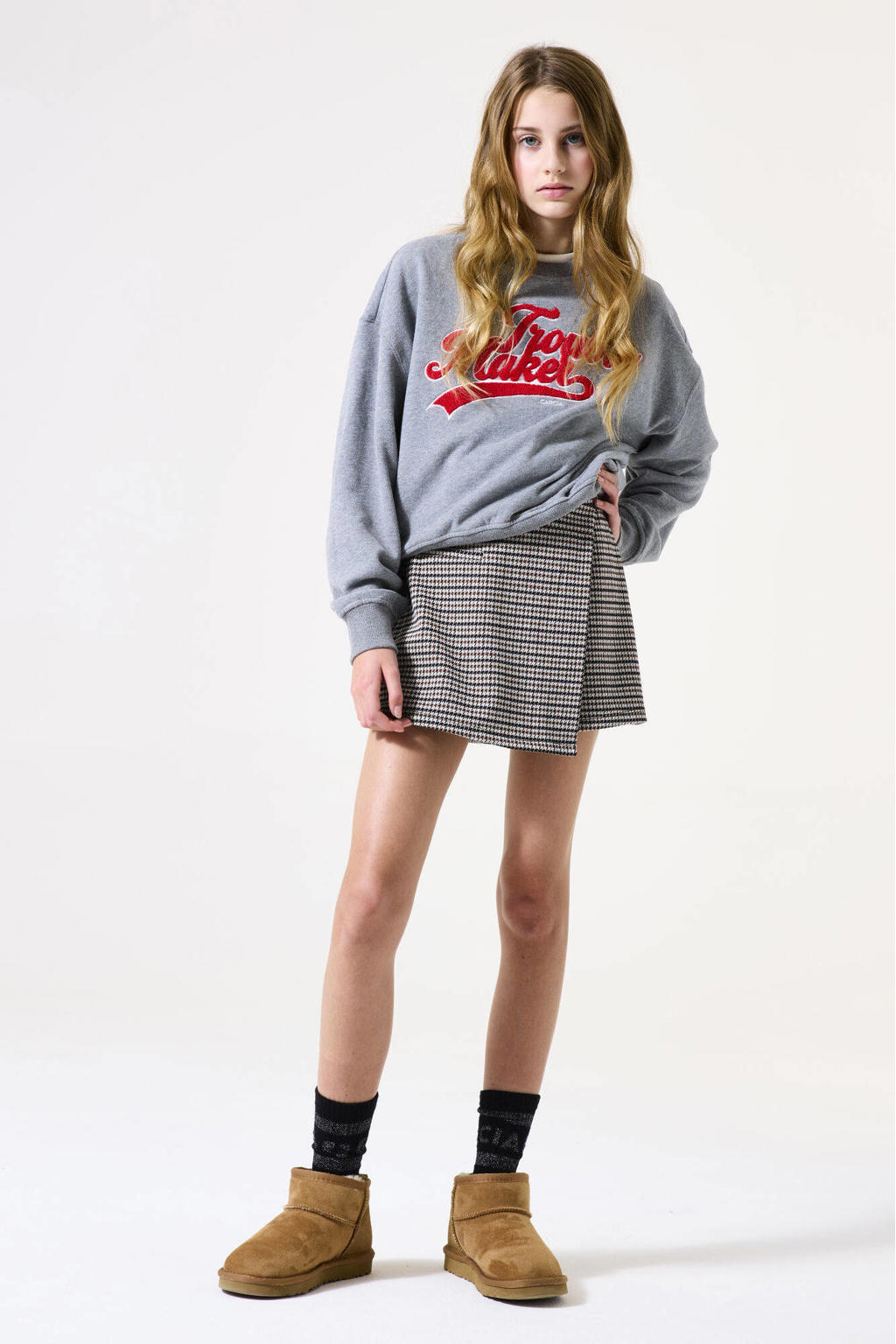 Bruin en beige meisjes Garcia korte rok gemaakt van polyester en met rits- en knoopsluiting