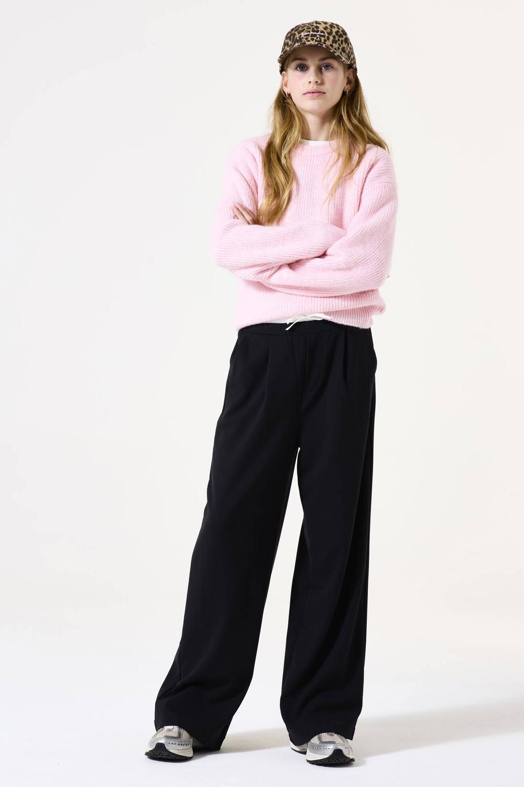 Zwarte meisjes Garcia straight casual broek van polyester met regular waist, elastische tailleband met koord en effen