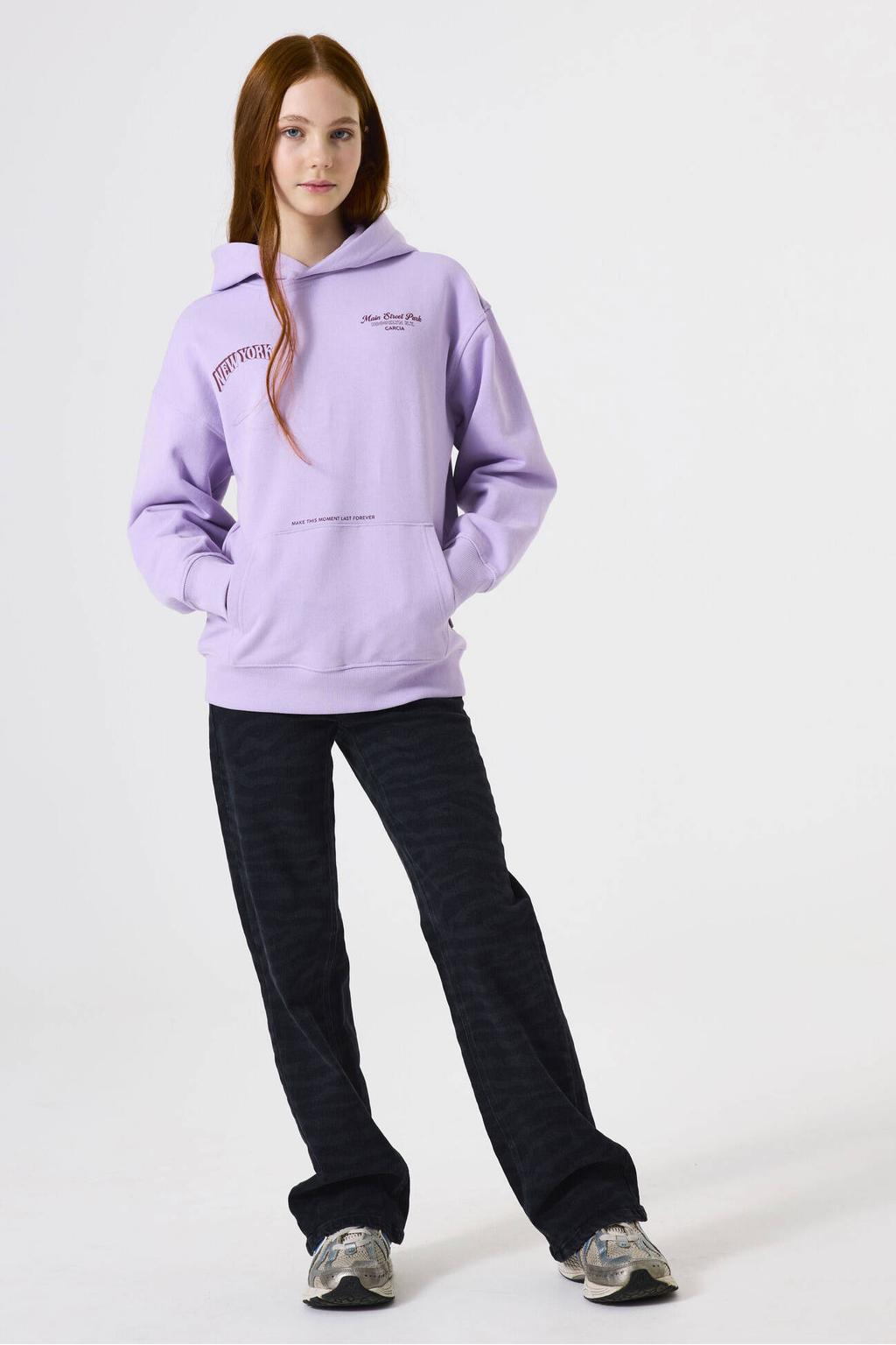 Lilakleurige meisjes Garcia hoodie van sweat materiaal met backprint, lange mouwen, capuchon en rits- en knoopsluiting