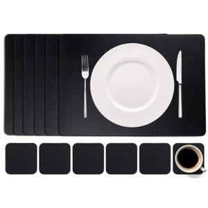 6 Placemats + 6 Onderzetters - Vegan leer - Zwart