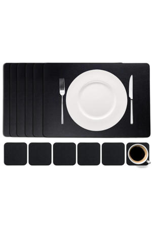 6 Placemats + 6 Onderzetters - Vegan leer - Zwart