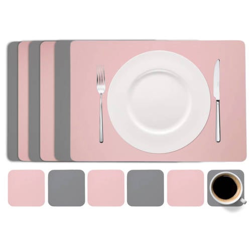 Cookinglife 6 Placemats + 6 Onderzetters Rechthoek - Roze Grijs afbeelding