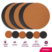 thumbnail: Cookinglife 6 Placemats + 6 Onderzetters - Dubbelzijdig - Rond - Vegan leer - Zwart / Cognac