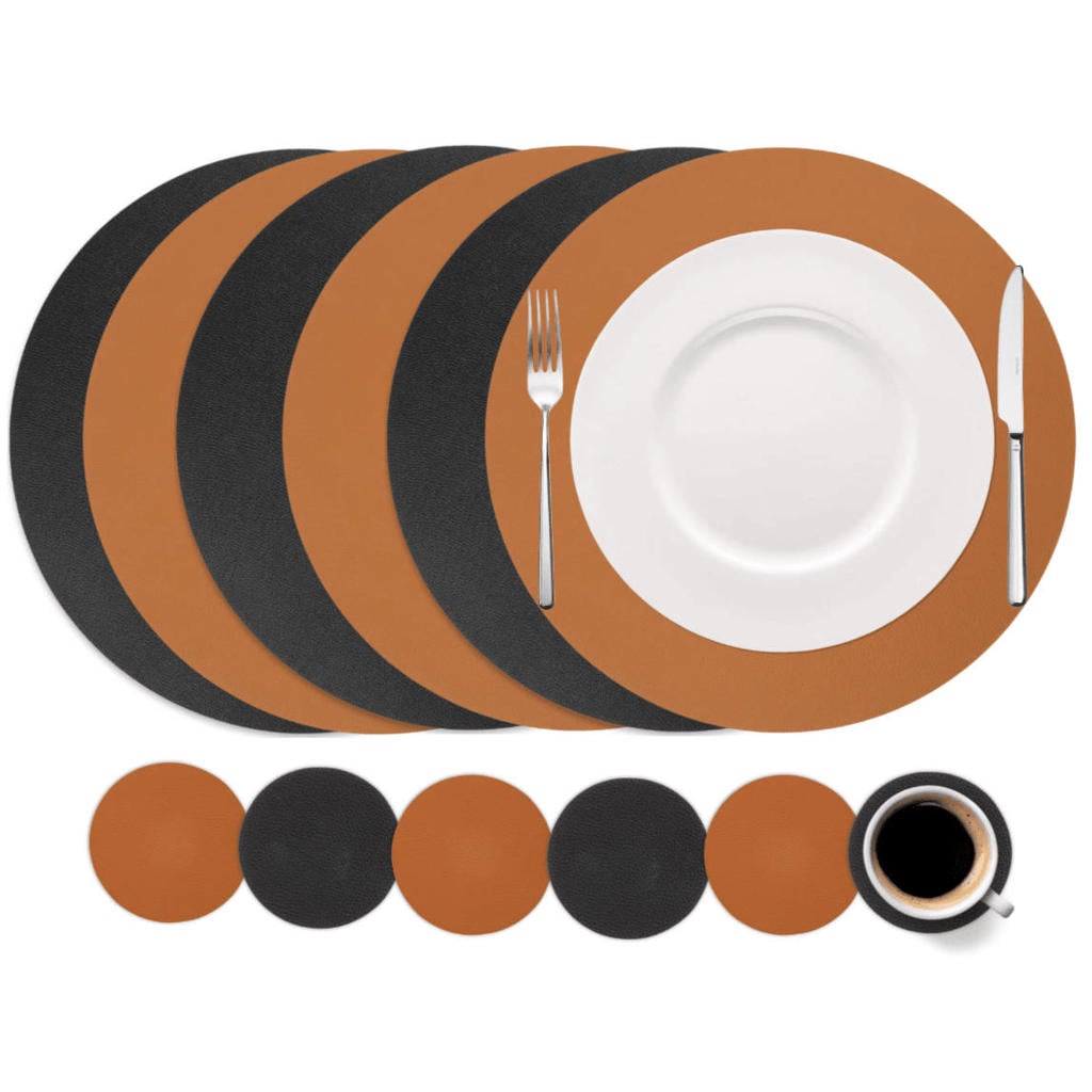 Cookinglife 6 Placemats + 6 Onderzetters - Dubbelzijdig - Rond - Afwasbaar - Zwart / Cognac
