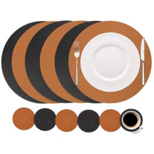 6 Placemats + 6 Onderzetters - Dubbelzijdig - Rond - Vegan leer - Zwart / Cognac