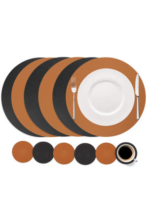 6 Placemats + 6 Onderzetters - Dubbelzijdig - Rond - Vegan leer - Zwart / Cognac
