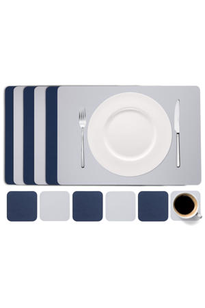 6 Placemats + 6 Onderzetters - Dubbelzijdig - Vegan leer - Blauw / Grijs