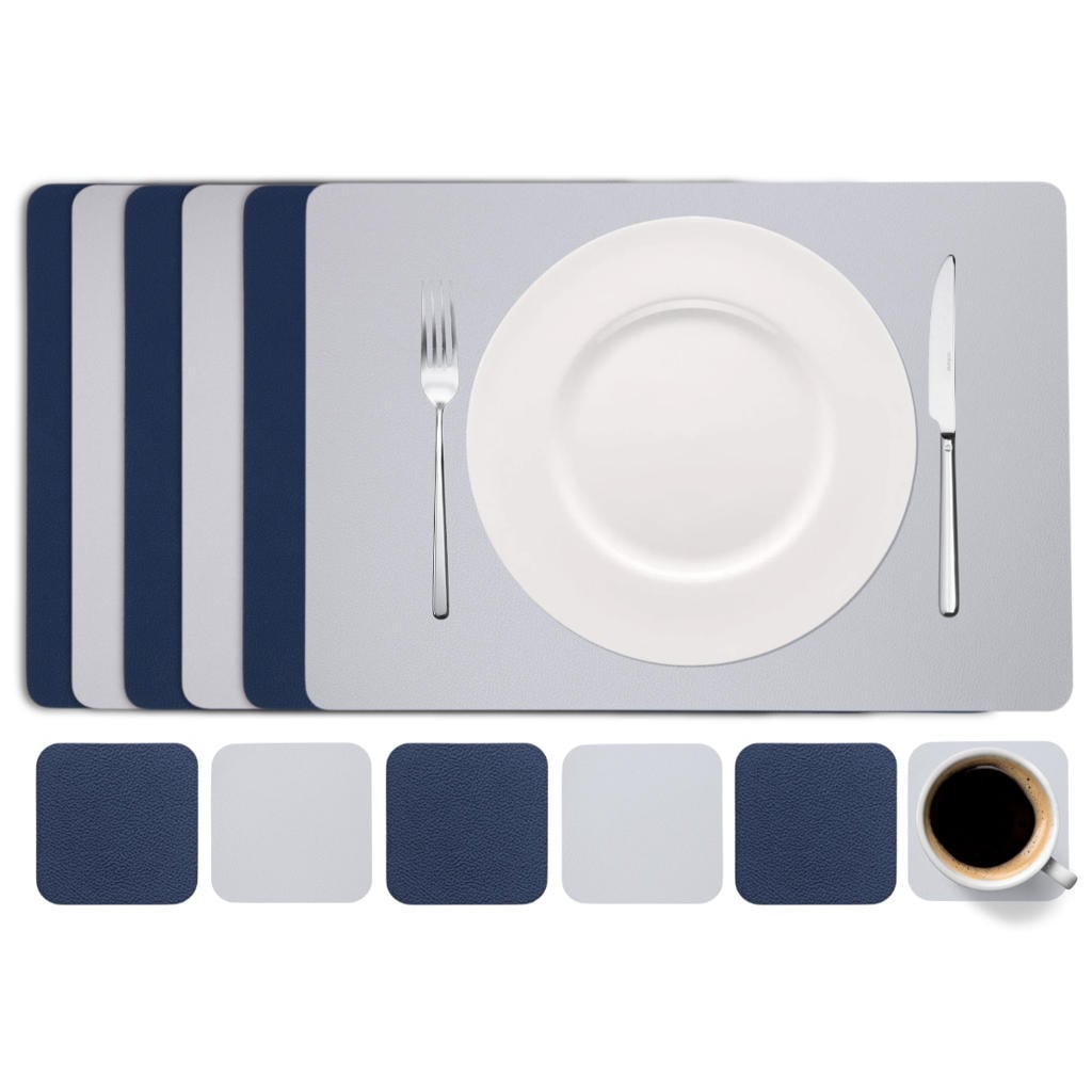 Cookinglife 6 Placemats + 6 Onderzetters - Dubbelzijdig - Vegan leer - Blauw / Grijs