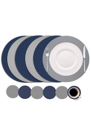 6 Placemats + 6 Onderzetters - Dubbelzijdig - Rond - Vegan leer - Blauw / Grijs
