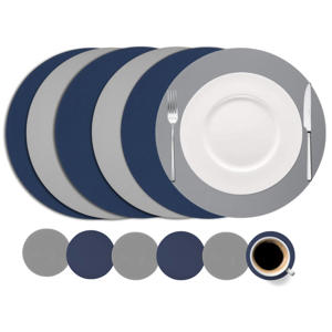 6 Placemats + 6 Onderzetters - Dubbelzijdig - Rond - Vegan leer - Blauw / Grijs