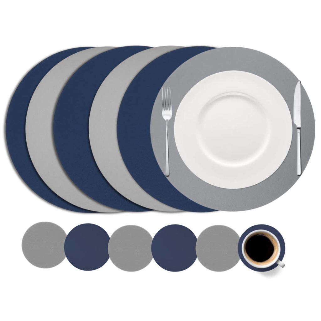 Cookinglife 6 Placemats + 6 Onderzetters - Dubbelzijdig - Rond - Vegan leer - Blauw / Grijs