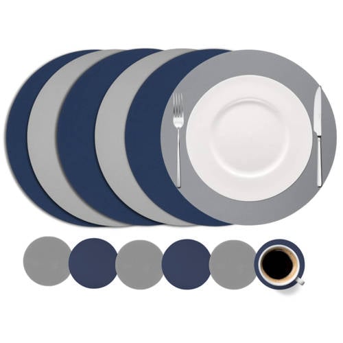 Cookinglife 6 Placemats + 6 Onderzetters Rond - Blauw Grijs afbeelding