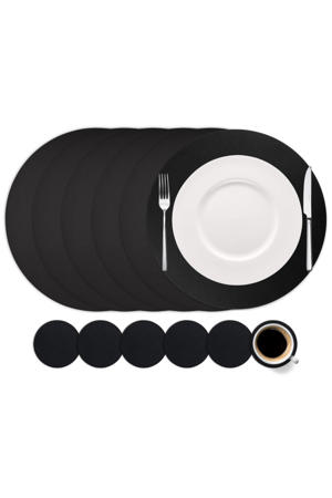 6 Placemats + 6 Onderzetters - Rond - Vegan leer - Zwart