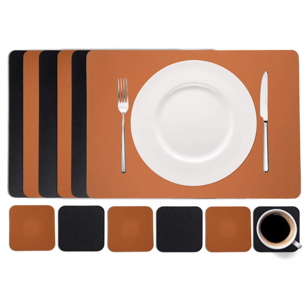 Cookinglife 6 Placemats + 6 Onderzetters - Dubbelzijdig - Afwasbaar - Zwart / Cognac