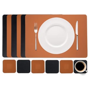 6 Placemats + 6 Onderzetters - Dubbelzijdig - Vegan leer - Zwart / Cognac