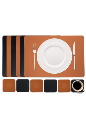 6 Placemats + 6 Onderzetters - Dubbelzijdig - Vegan leer - Zwart / Cognac