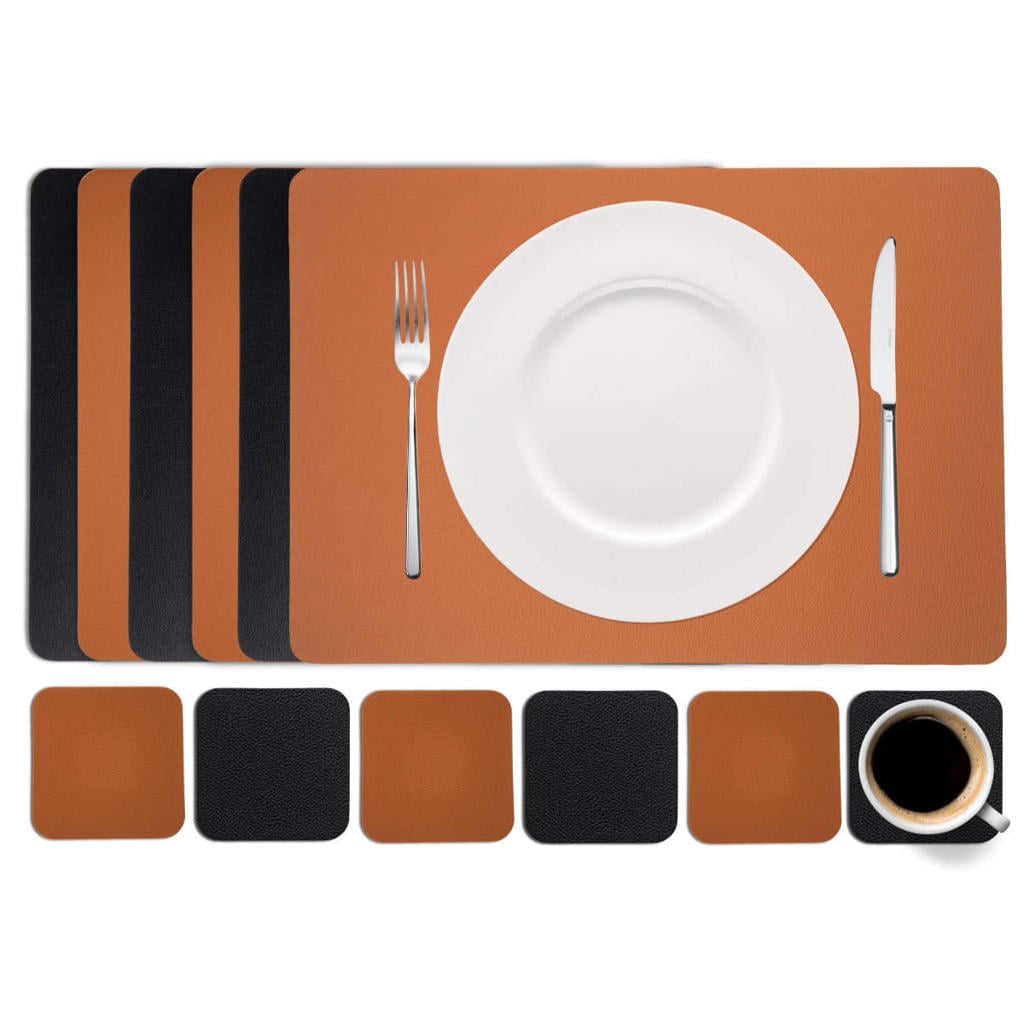 Cookinglife 6 Placemats + 6 Onderzetters - Dubbelzijdig - Vegan leer - Zwart / Cognac