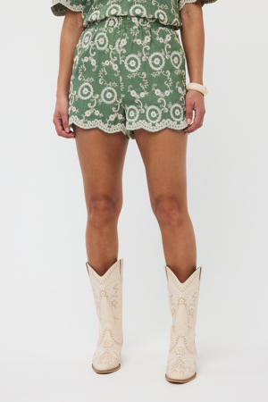 wide leg regular waist casual short groen broderie