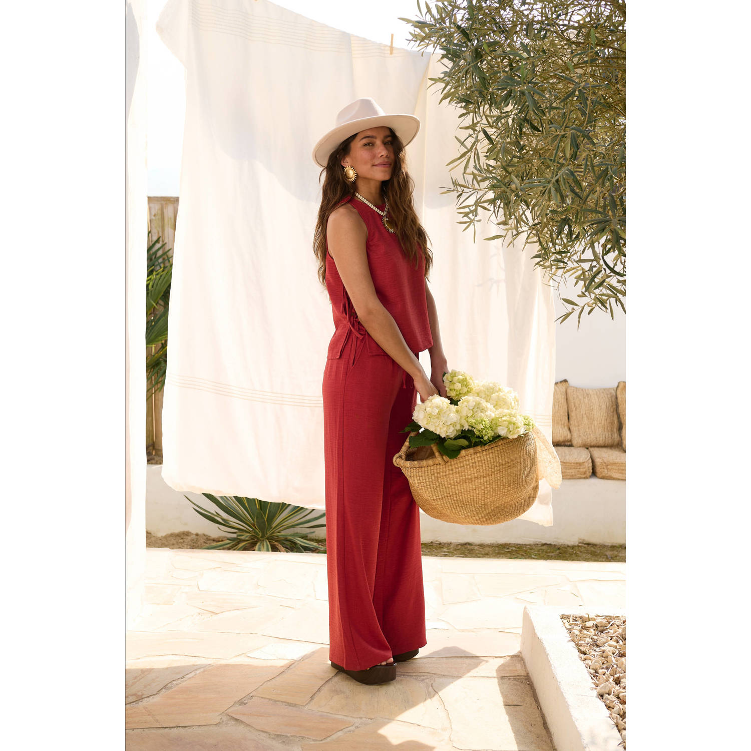 Ydence wide leg regular waist broek rood