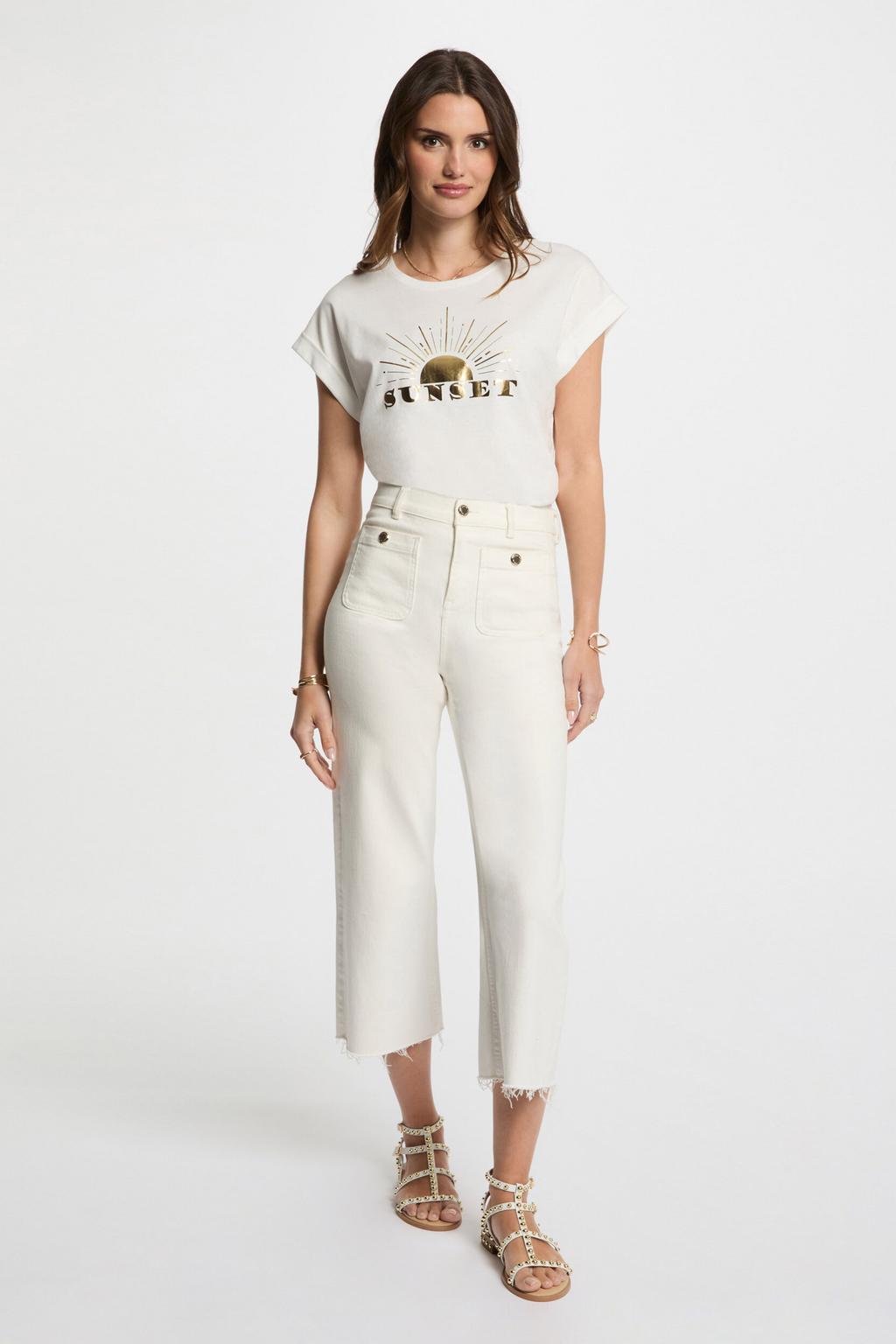 Wit en gouden dames Morgan T-shirt van katoen met printopdruk, korte mouwen en ronde hals