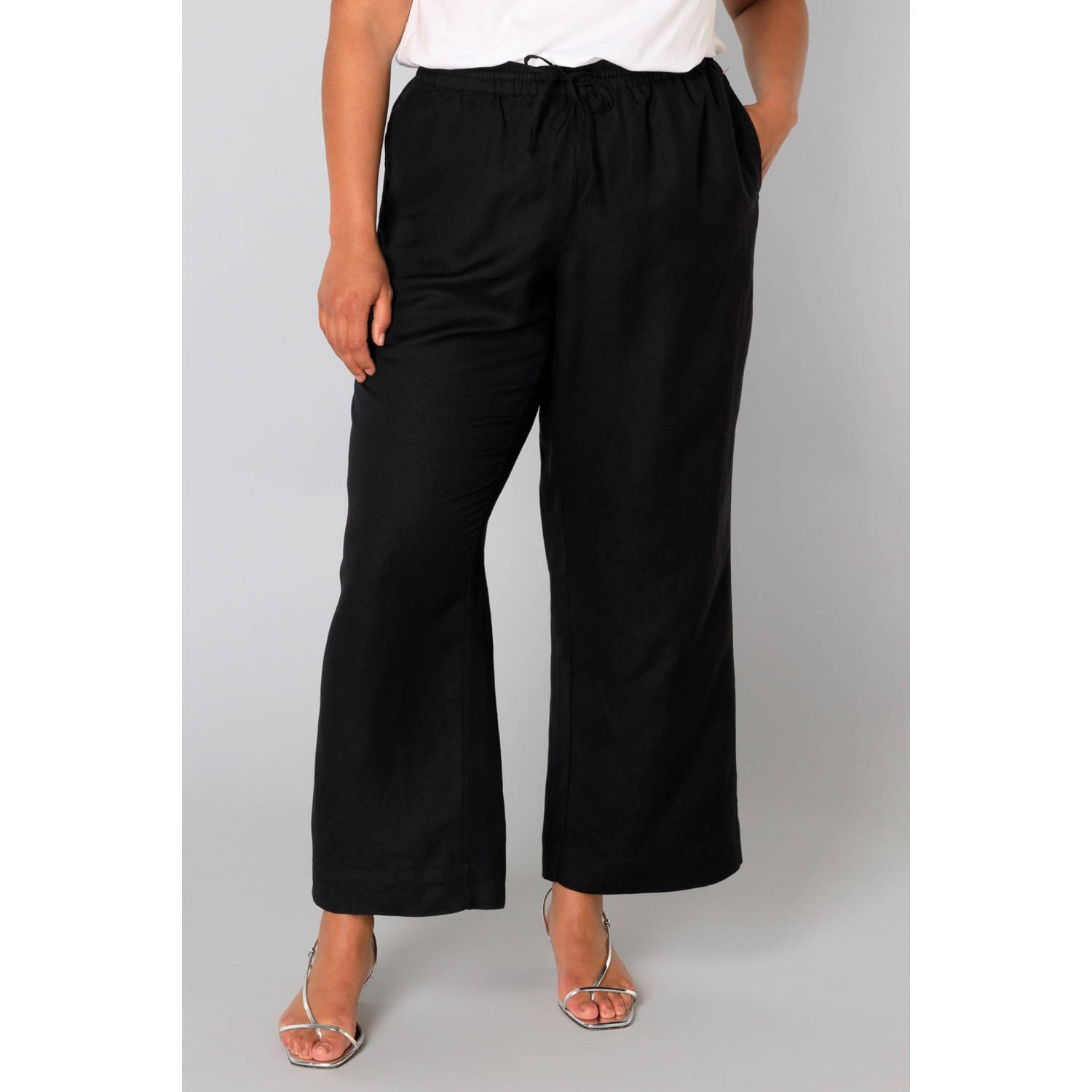 Yesta linnen straight high waist casual broek zwart