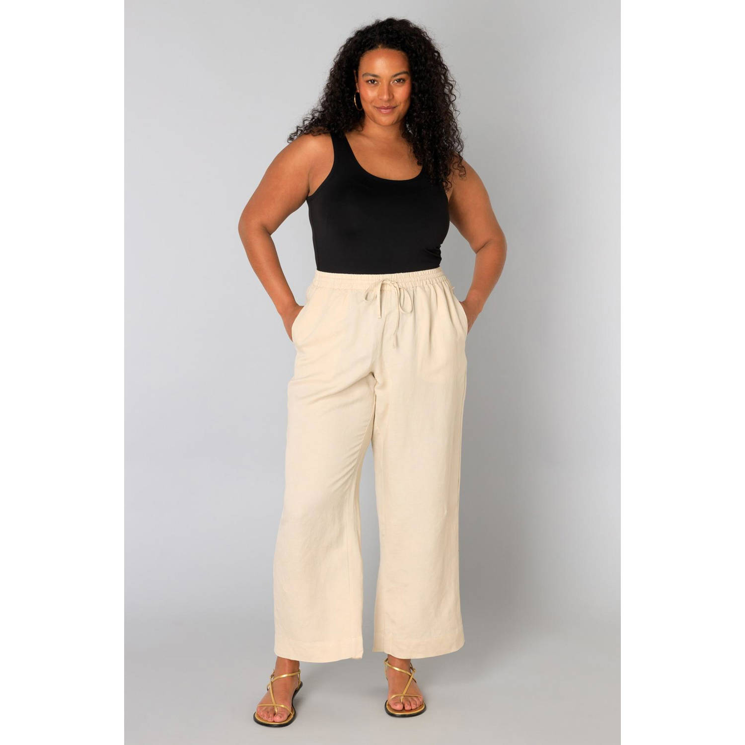 Yesta linnen straight high waist casual broek zand