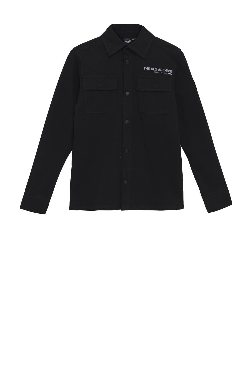 Zwarte jongens Rellix overshirt van stretchkatoen met tekst print, lange mouwen, klassieke kraag, drukknoopsluiting en textuur