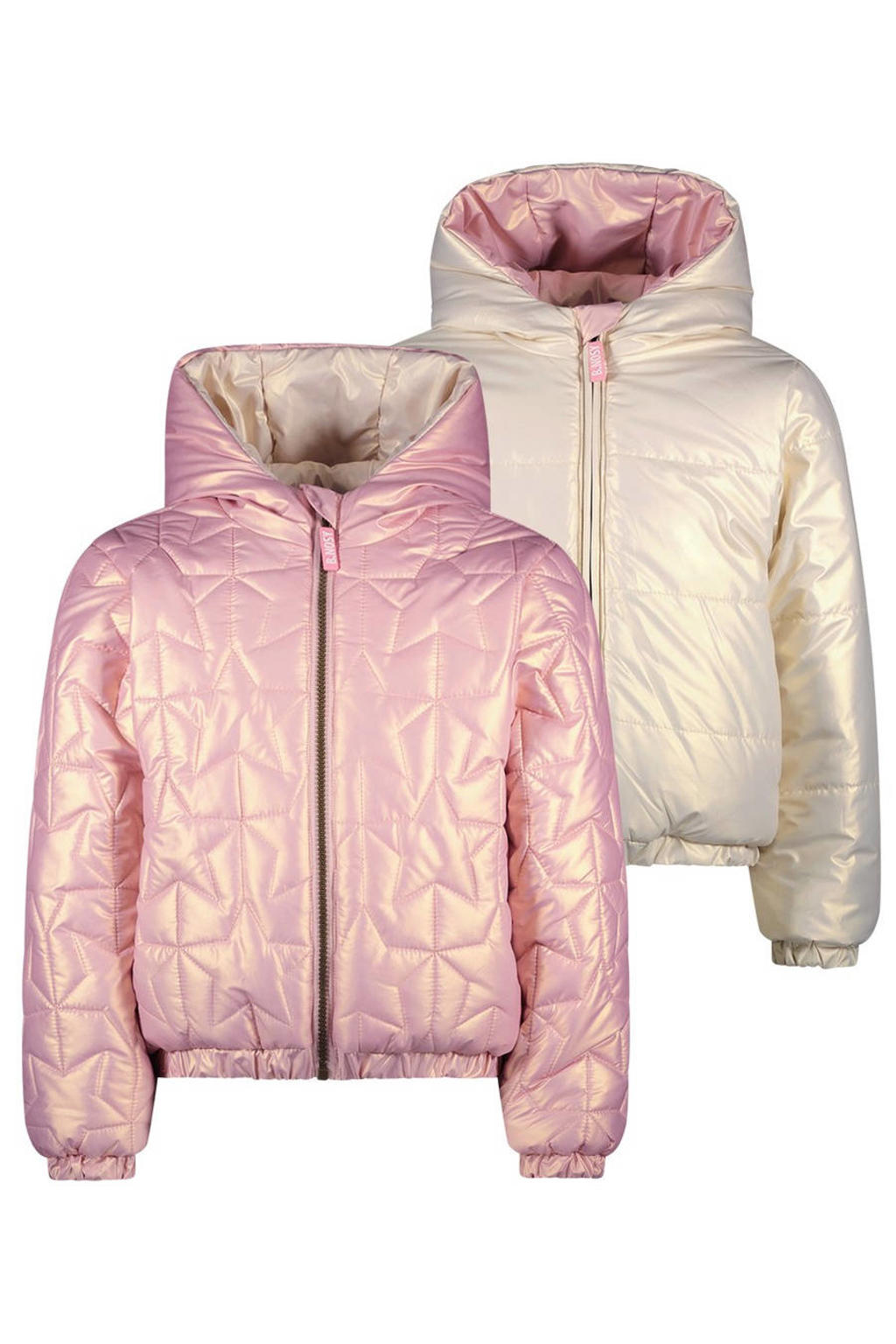 Roze en witte meisjes B.Nosy reversible jas winter van coated materiaal met meerkleurige print, lange mouwen, capuchon en ritssluiting