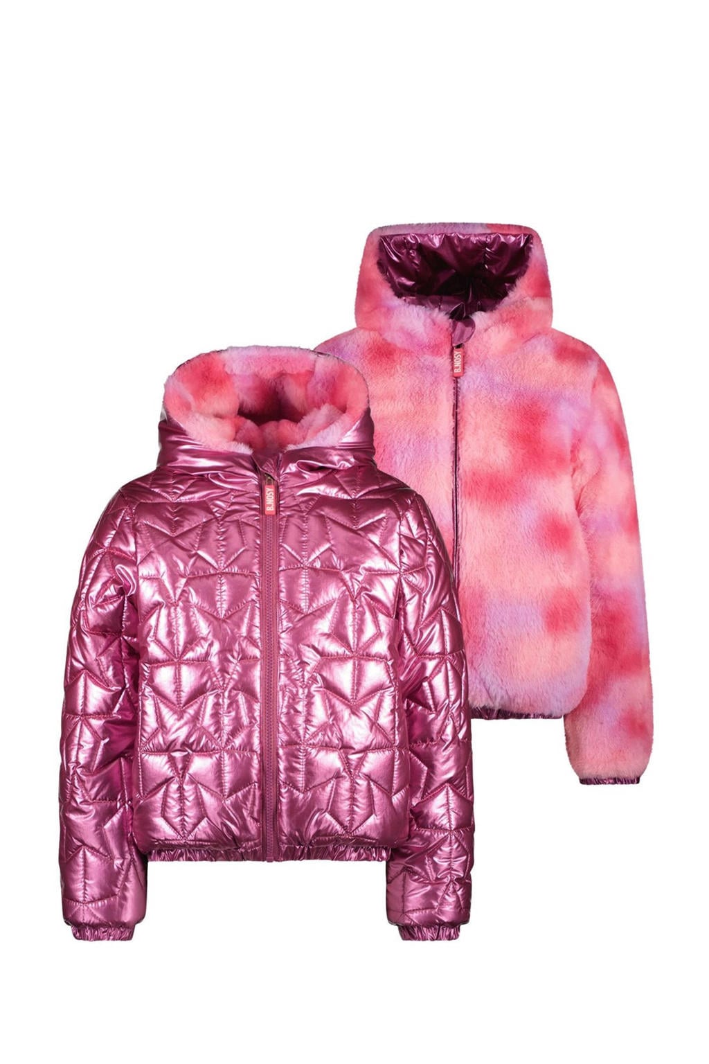 Roze meisjes B.Nosy reversible jas winter van coated materiaal met meerkleurige print, lange mouwen, capuchon en ritssluiting