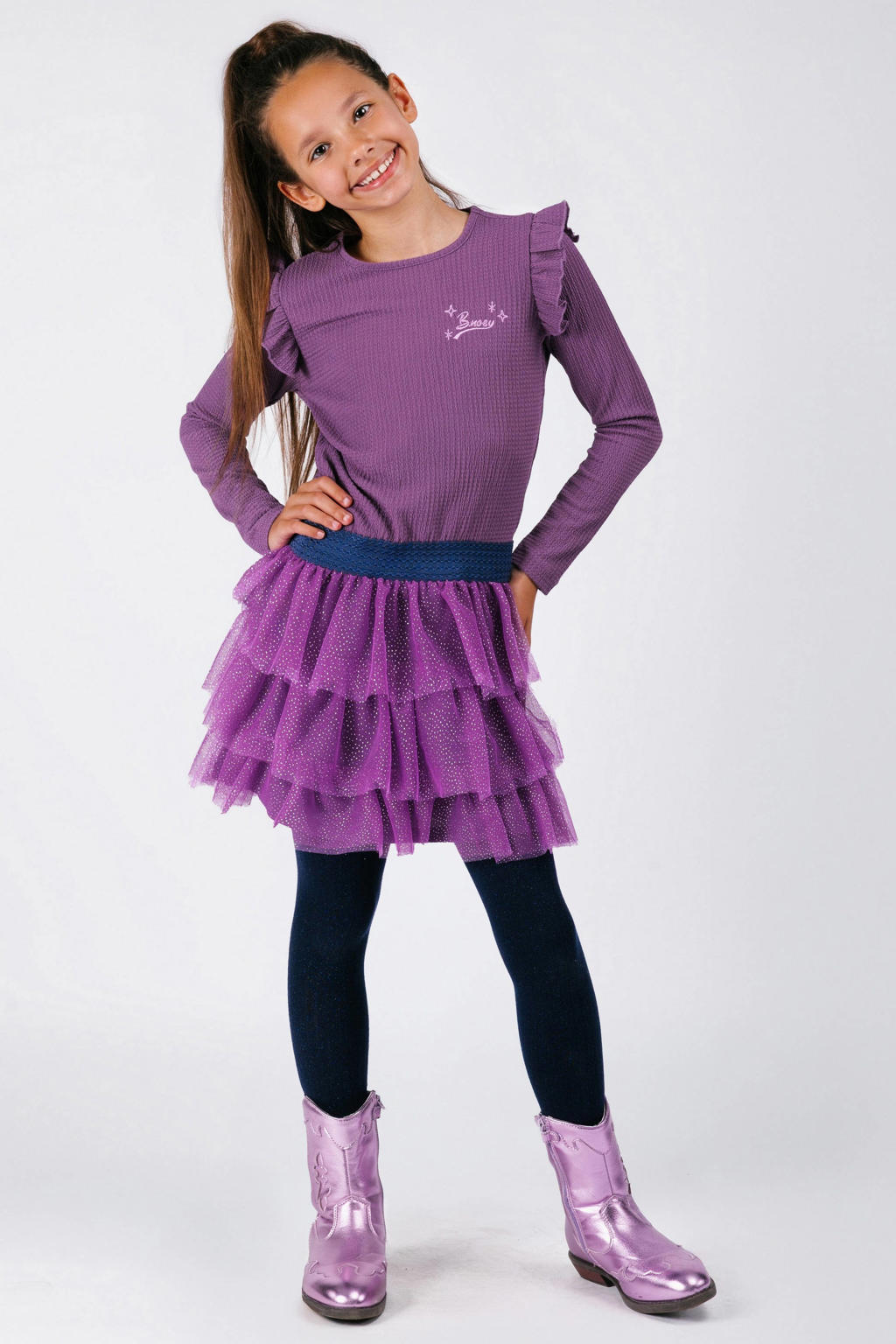 Paarse meisjes B.Nosy korte jurk van polyester met effen, lange mouwen, ronde hals, elastische tailleband en glitters