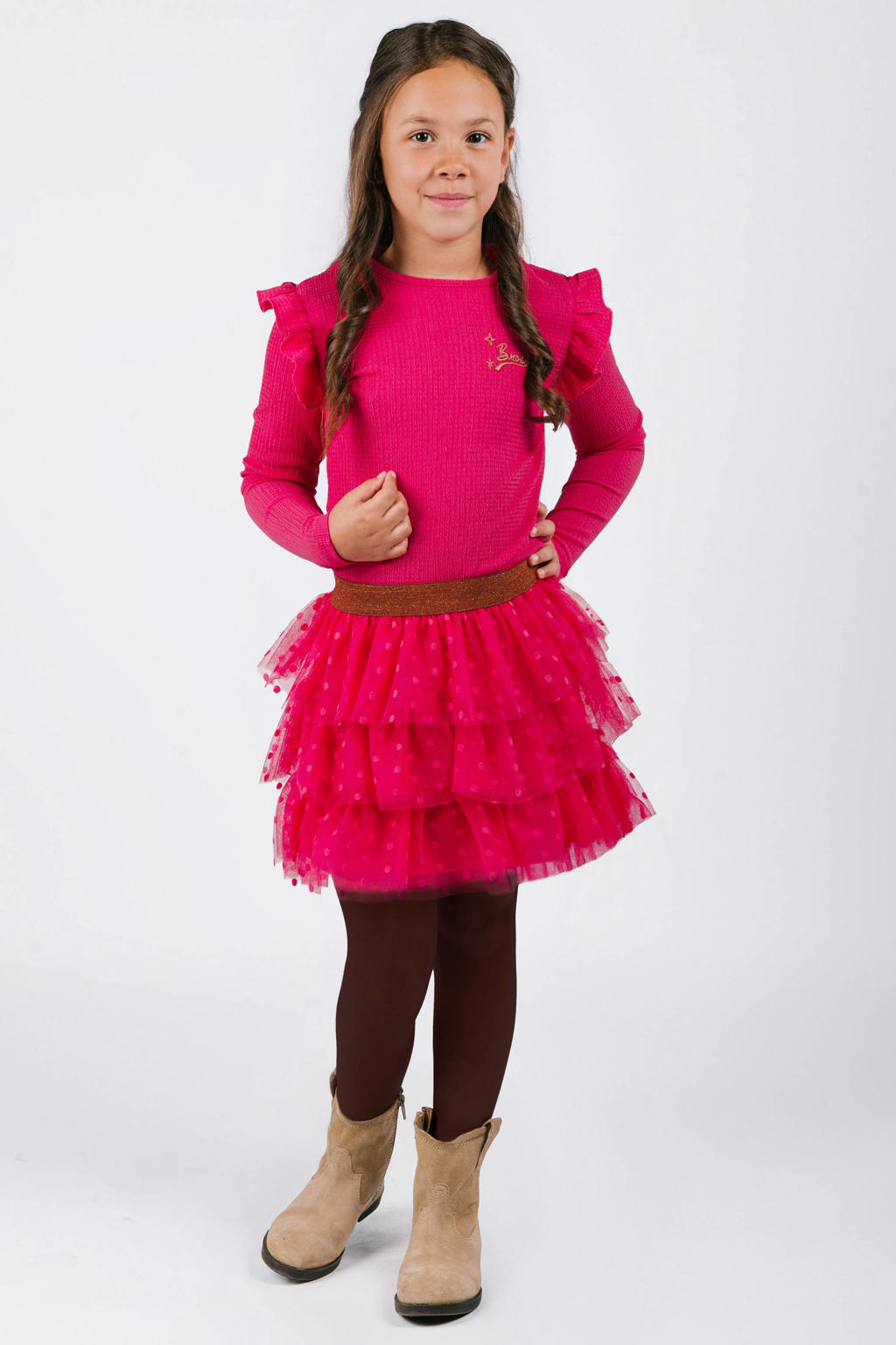 Roze meisjes B.Nosy korte jurk van polyester met effen, lange mouwen, ronde hals, elastische tailleband en glitters