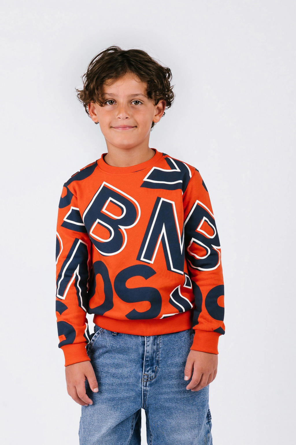 Oranje jongens B.Nosy sweater van katoen met lange mouwen, ronde hals en elastische boord