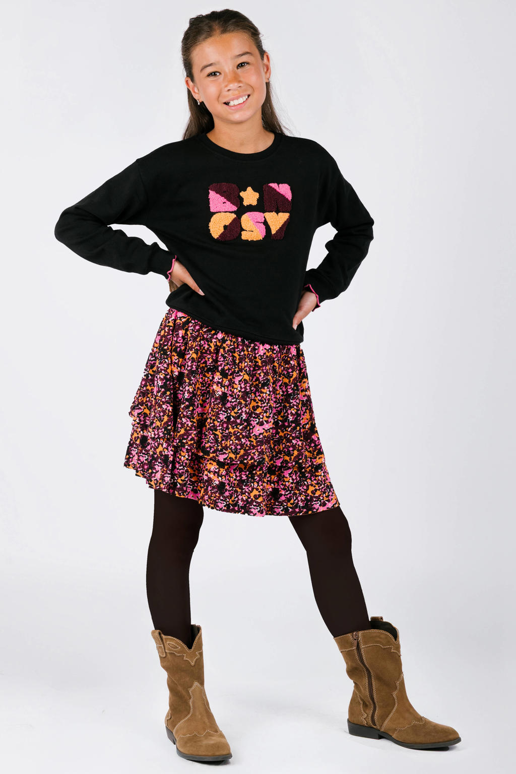 Zwarte meisjes B.Nosy sweater van katoen met printopdruk, lange mouwen, ronde hals en geribde boorden