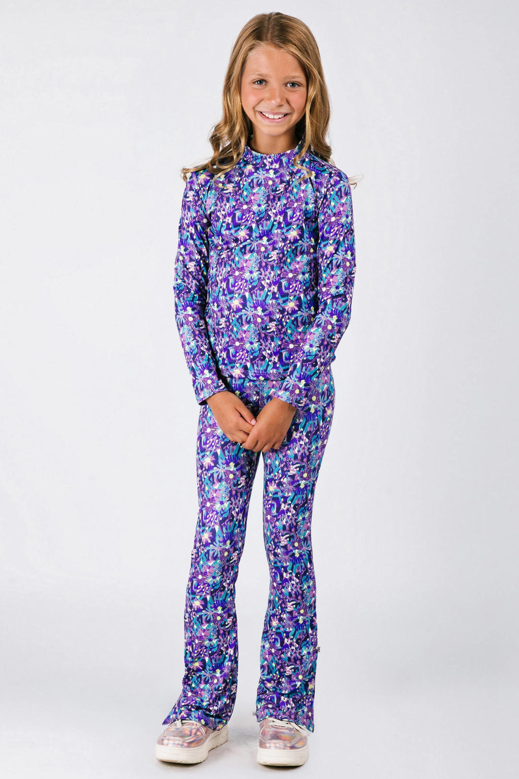 Lila, blauw en groene meisjes B.Nosy longsleeve van polyester met bloemenprint, lange mouwen en opstaande kraag