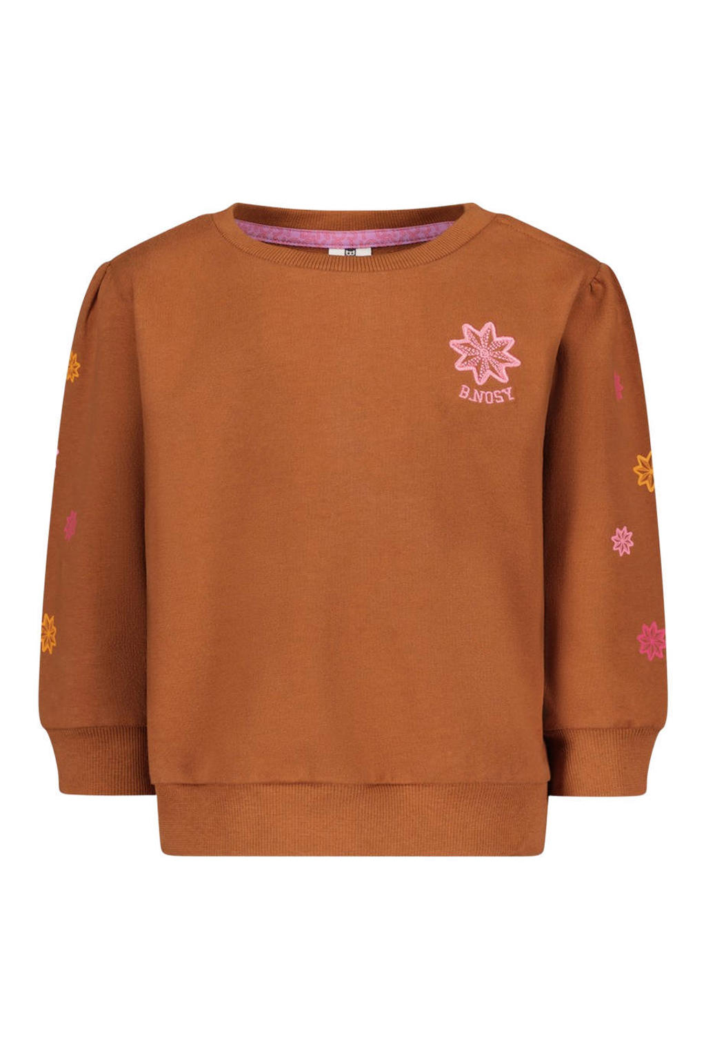 Bruine meisjes B.Nosy gebloemde sweater van katoen met lange mouwen, ronde hals en geribde boorden