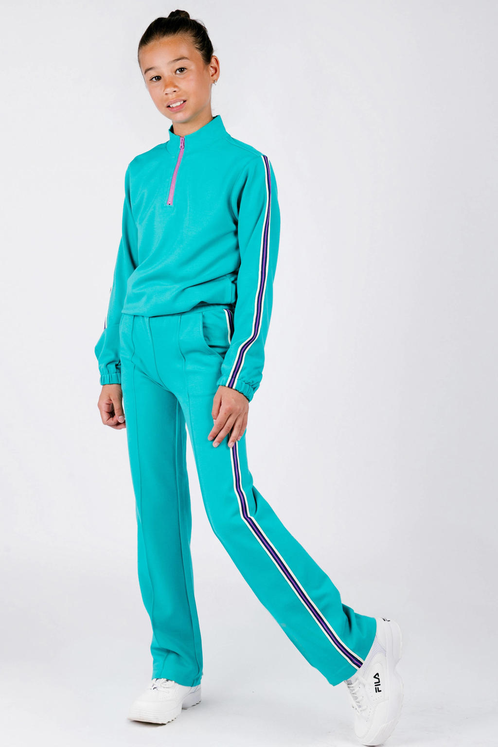 Turquoise meisjes B.Nosy straight casual broek van polyester met regular waist, elastische tailleband met koord en effen