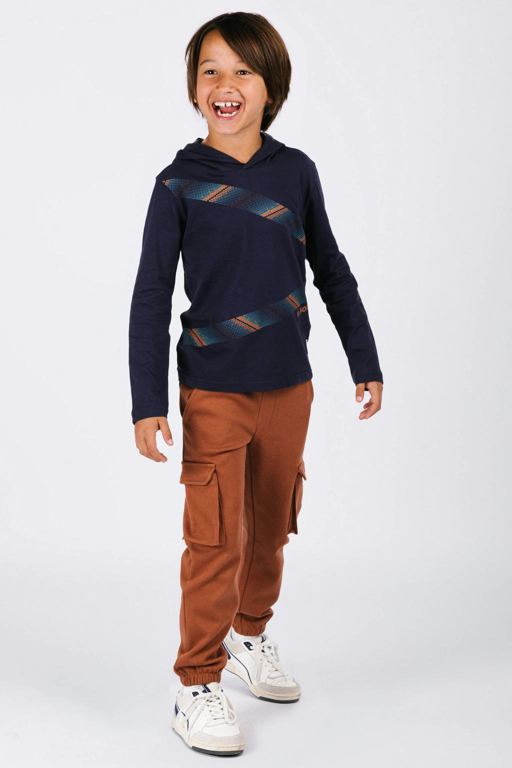 Bruine jongens B.Nosy tapered cargo broek van katoen met regular waist, elastische tailleband met koord en effen