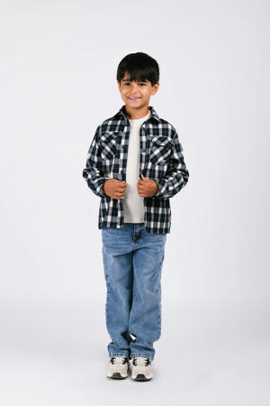 Volunboy Kledingset voor babyjongens, lange mouwen, flanel, hemd, geruit blauwe jeans, 2-delige outfit, Kaki wit, 4-5 Jaar