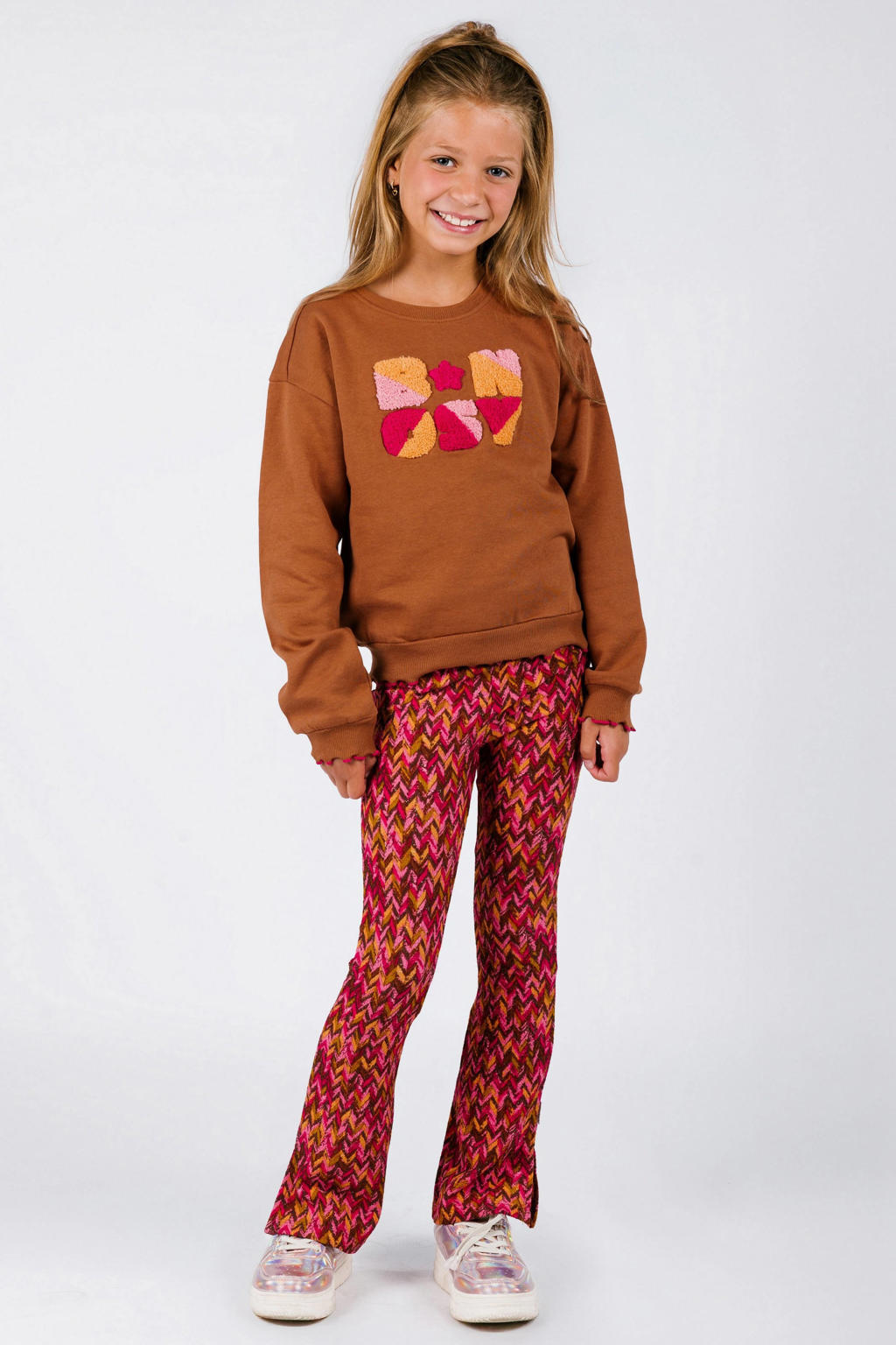Oranje en roze meisjes B.Nosy flared broek van polyester met regular waist en elastische tailleband