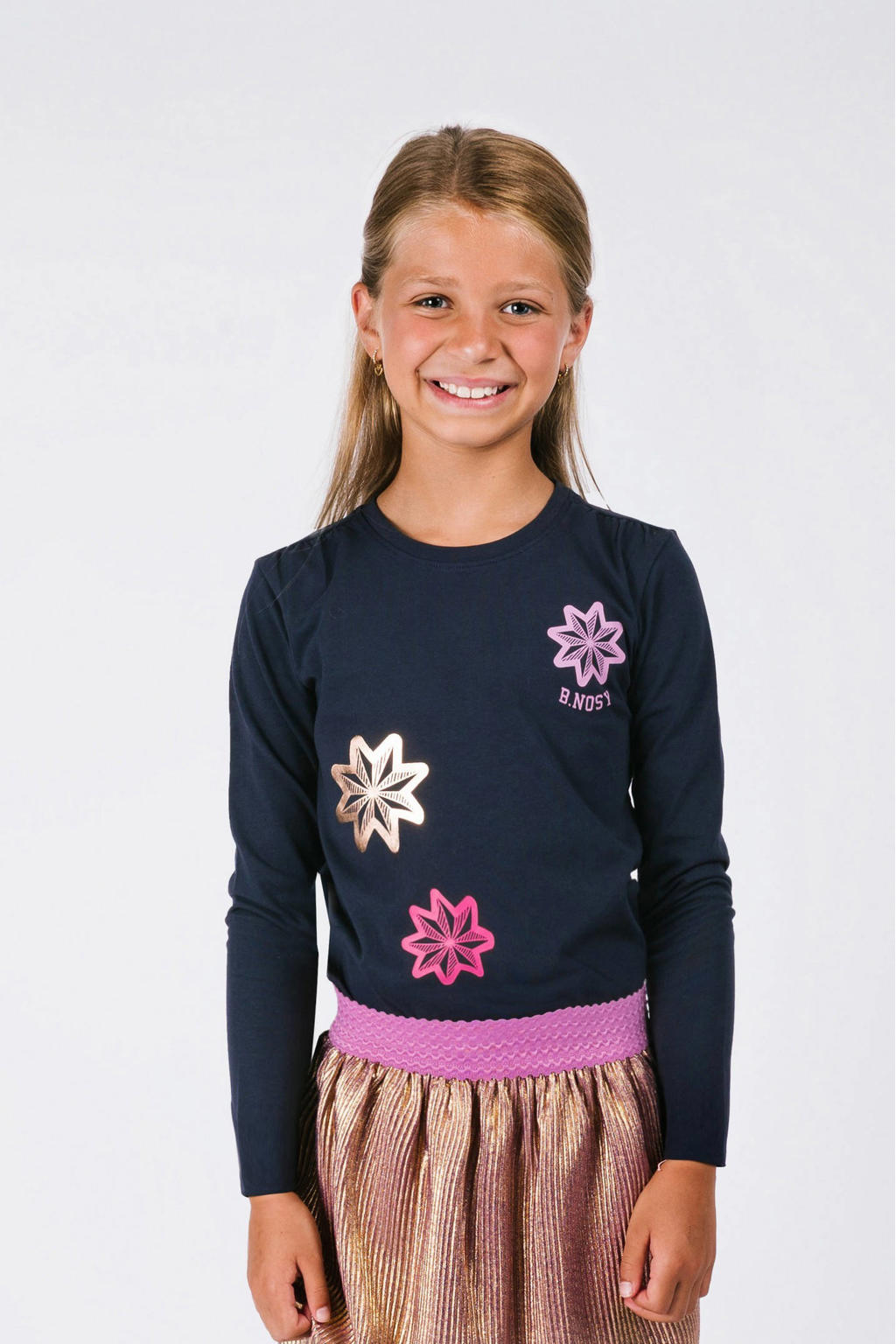 Blauwe meisjes B.Nosy longsleeve van stretchkatoen met sterrenprint, lange mouwen en ronde hals