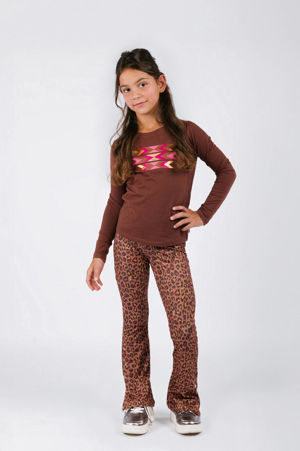 Bruine meisjes B.Nosy longsleeve van stretchkatoen met printopdruk, lange mouwen en ronde hals